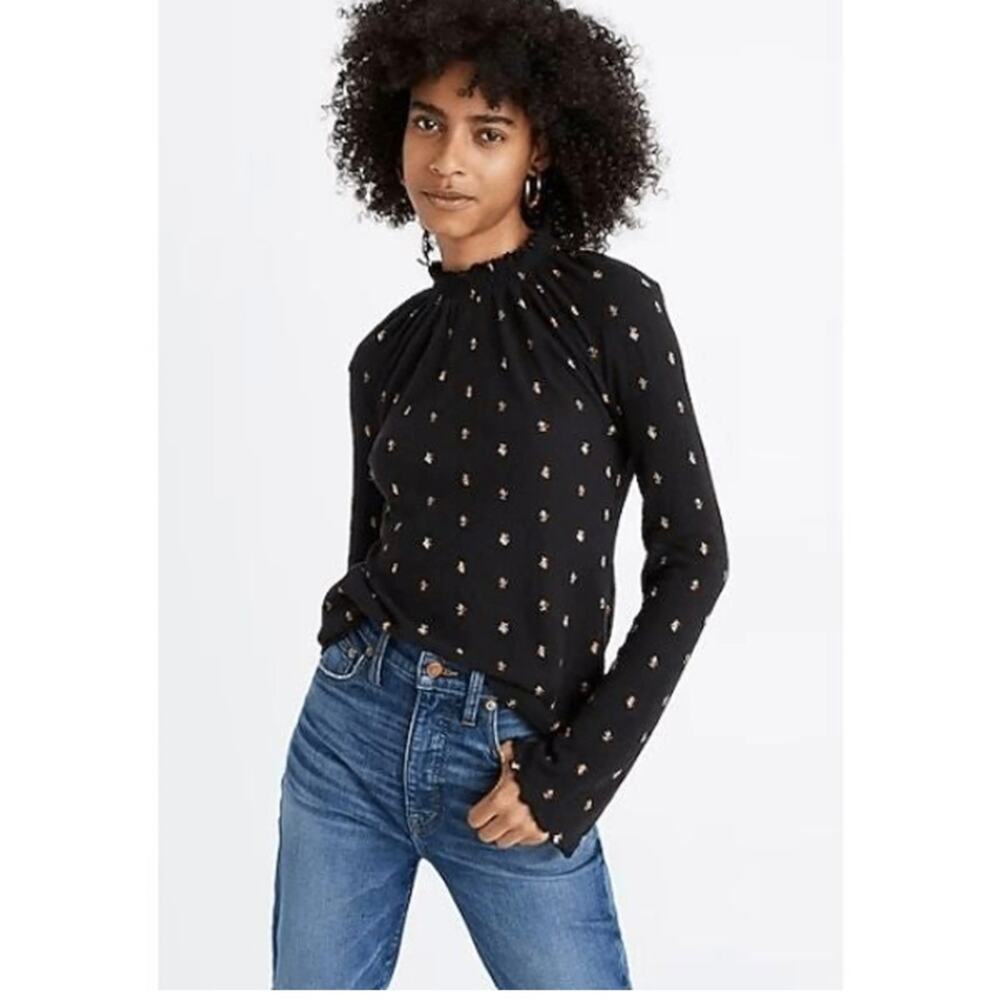 Madewell Texture & Thread Mock Neck Blouse with Rainbow Buds Floral | Size xxs